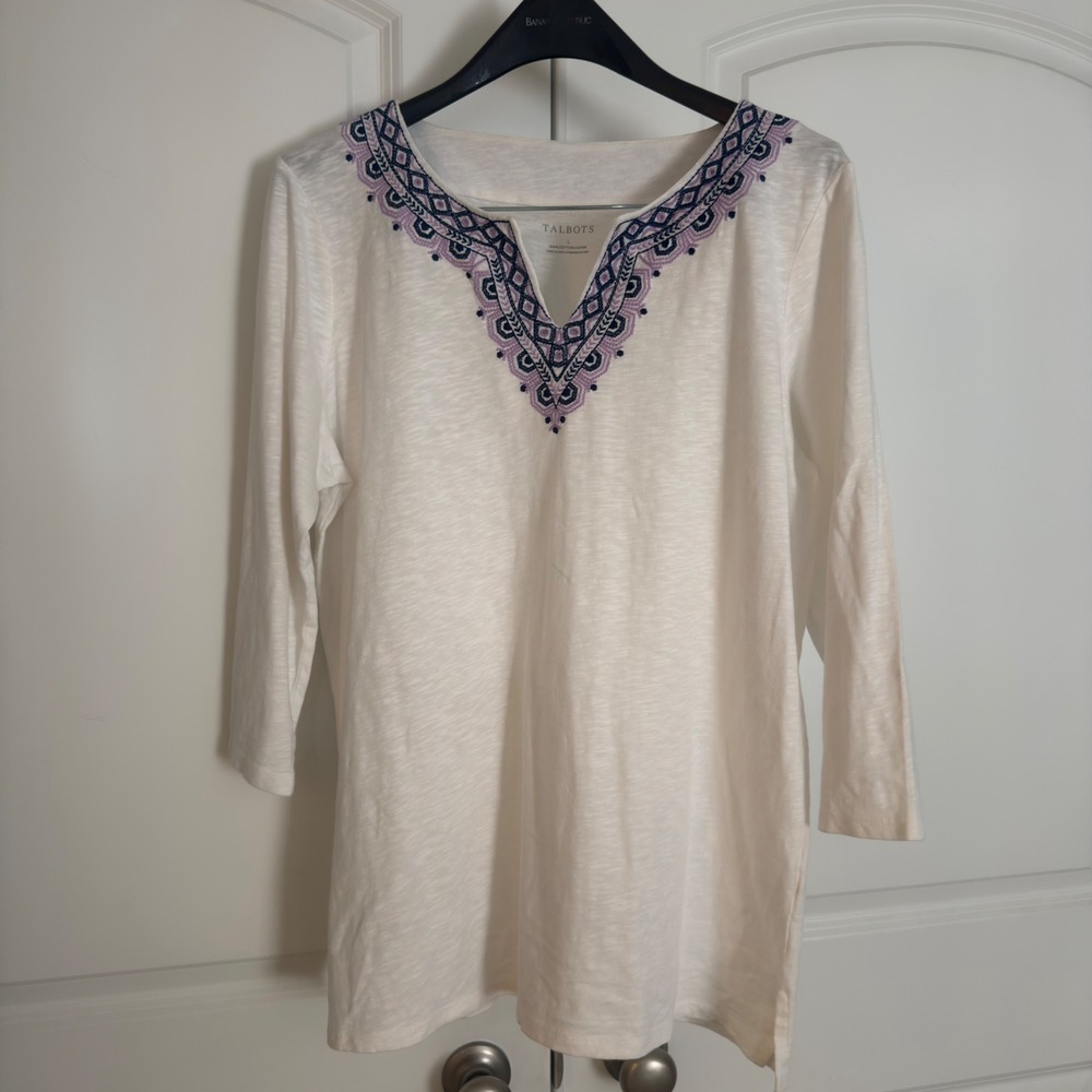 Talbots Womens Large White Cotton Slub Embroidered V-Neck 3/4 Sleeve Tunic Top